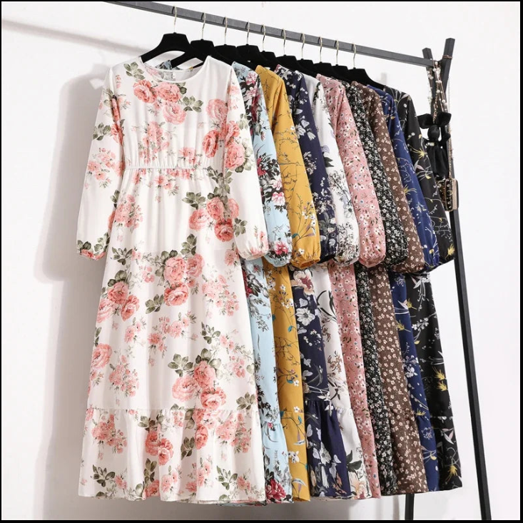 Women Maxi Dresses Casual Full Sleeve Floral Printed or solid color, O-neck, classic, timeless and elegant