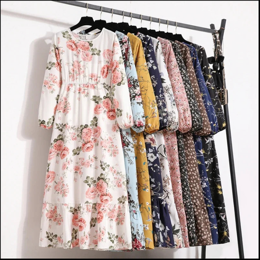 Women Maxi Dresses Casual Full Sleeve Floral Printed or solid color, O-neck, classic, timeless and elegant