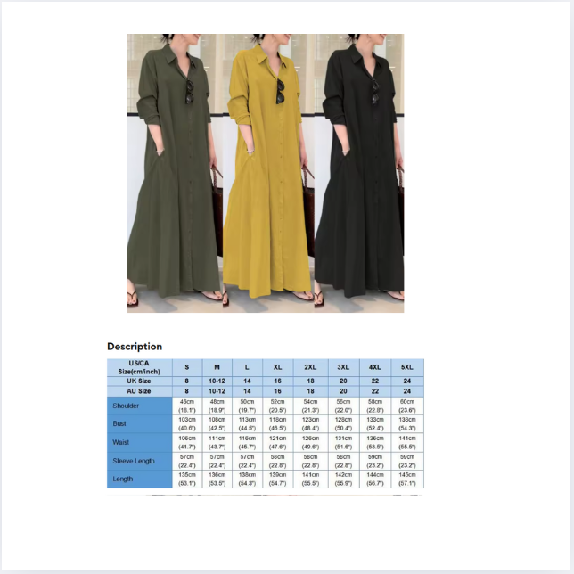 European and American style cotton linen solid color lapel long sleeve pocket simple loose casual long shirt dress