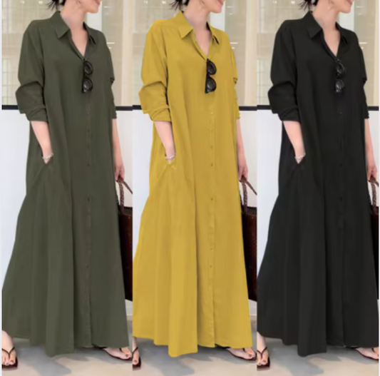European and American style cotton linen solid color lapel long sleeve pocket simple loose casual long shirt dress