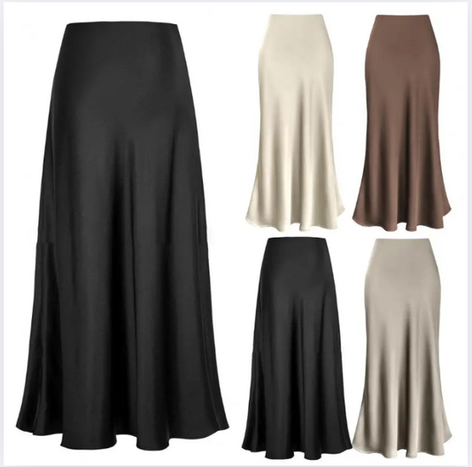 Fishtail Maxi Skirt Elegant Faux Silk Satin Skirts for Women High Waist A-line Office Lady Skirt Solid Color Glossy Finish