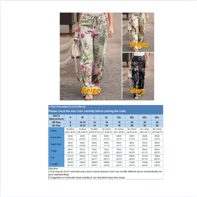 Women Fashion Lace Up Elastic Waist Home Trousers Female Plus Size Pants Casual Flower Print Cotton Linen Straight Leg Pants