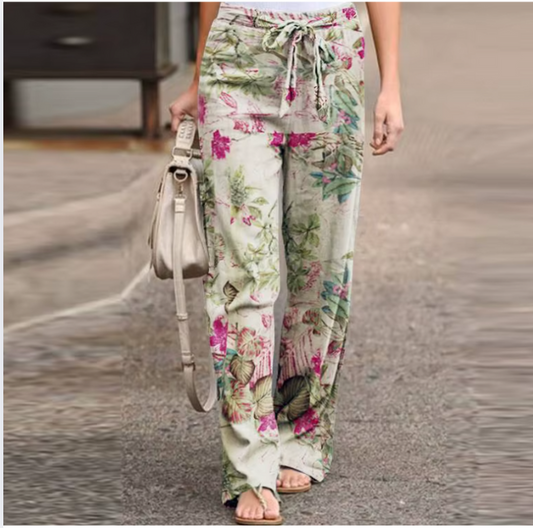 Women Fashion Lace Up Elastic Waist Home Trousers Female Plus Size Pants Casual Flower Print Cotton Linen Straight Leg Pants
