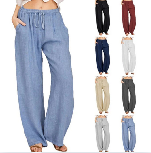 Women Cotton Linen Pants Summer and Autumn Solid High Waist Wide-Leg Trousers Female Loose Hemp Casual Breathable Sports Pants