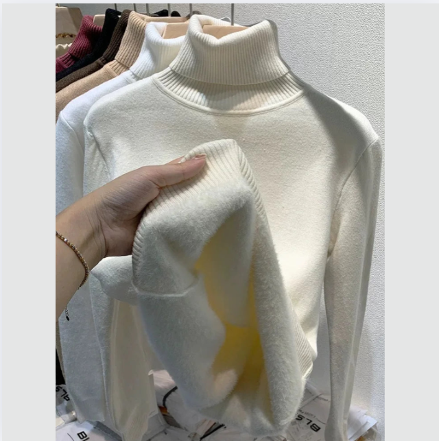 Turtleneck Winter Sweater Women Elegant Thicken Velvet Lined Warm Sueter Knitted Pullover Slim Tops Jersey Knitwear Jumper New