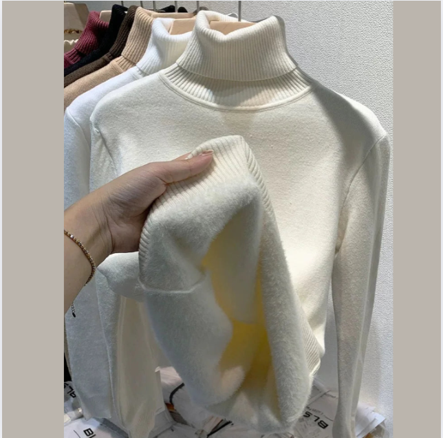 Turtleneck Winter Sweater Women Elegant Thicken Velvet Lined Warm Sueter Knitted Pullover Slim Tops Jersey Knitwear Jumper New