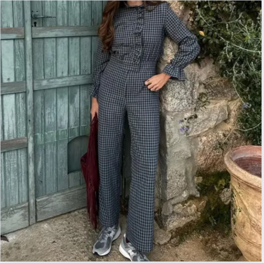 Spring New Women's Fashion temperament casual versatile bubble sleeve plaid long jumpsuit