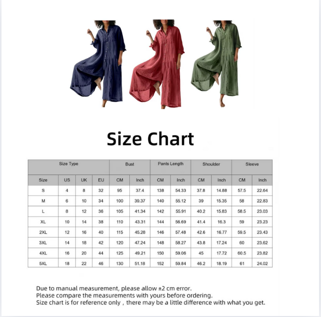 Casual Jumpsuit Breathable Cotton Linen Button Closure Female Wide Legs Pants Long Romper Adults Jumpsuit Streetwear