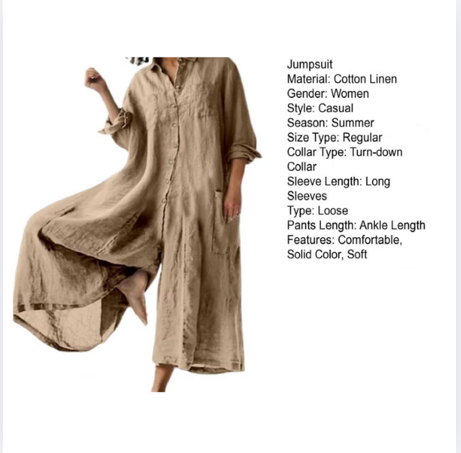 Casual Jumpsuit Breathable Cotton Linen Button Closure Female Wide Legs Pants Long Romper Adults Jumpsuit Streetwear