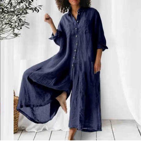 Casual Jumpsuit Breathable Cotton Linen Button Closure Female Wide Legs Pants Long Romper Adults Jumpsuit Streetwear