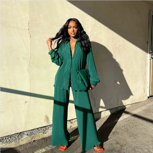 Fashion Pleated Women's Set Long Sleeve Oversized Shirt and Wide Leg Pants Elegant Tracksuit Two 2 Piece Set Outfits