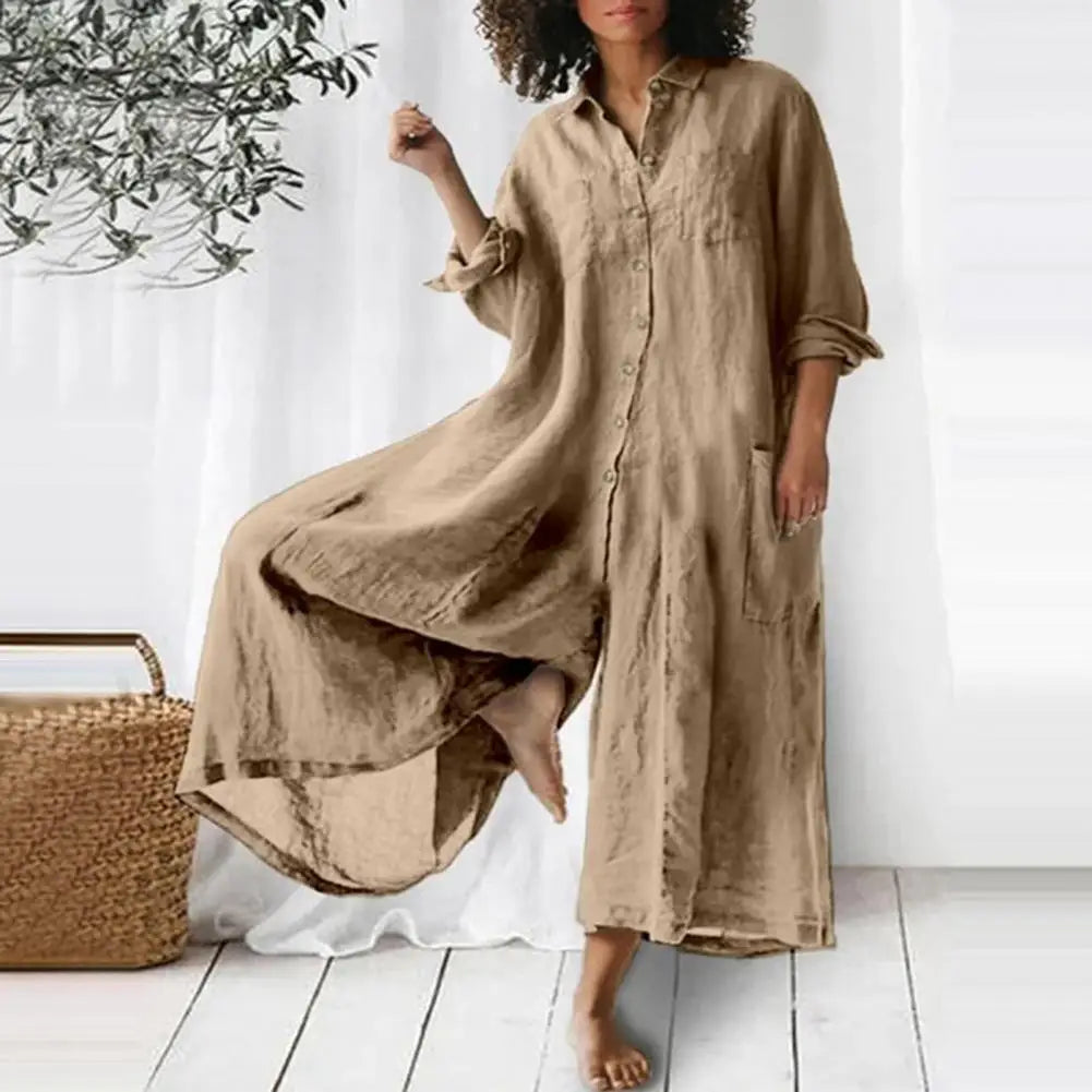 Casual Jumpsuit Breathable Cotton Linen Button Closure Female Wide Legs Pants Long Romper Adults Jumpsuit Streetwear