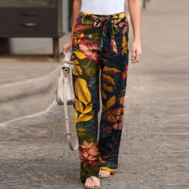 Women Fashion Lace Up Elastic Waist Home Trousers Female Plus Size Pants Casual Flower Print Cotton Linen Straight Leg Pants