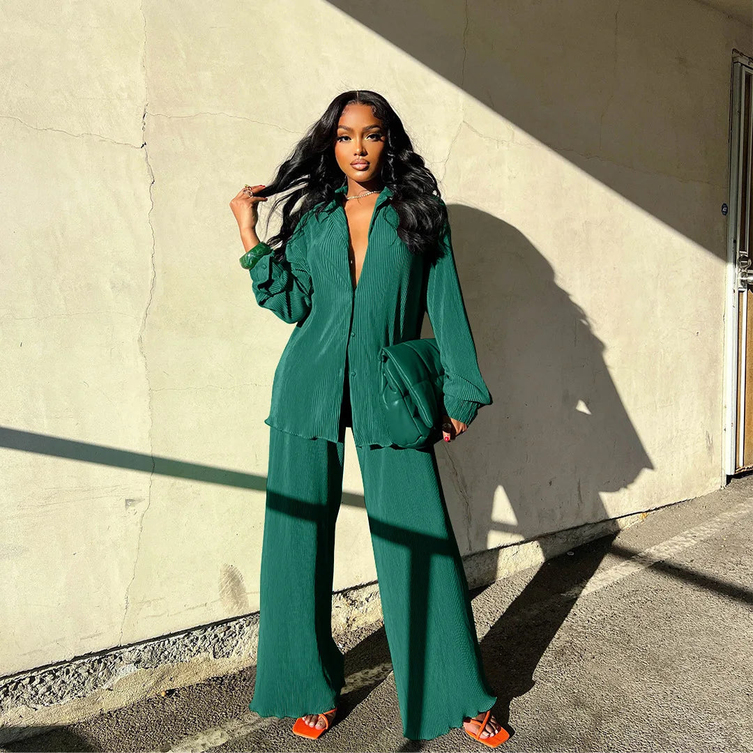 Fashion Pleated Women's Set Long Sleeve Oversized Shirt and Wide Leg Pants Elegant Tracksuit Two 2 Piece Set Outfits