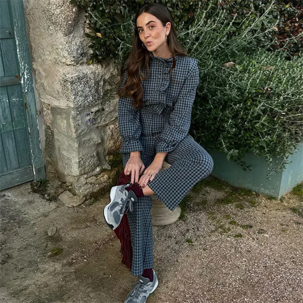 Spring New Women's Fashion temperament casual versatile bubble sleeve plaid long jumpsuit