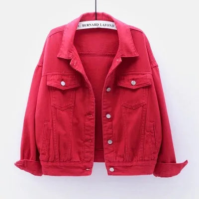 Pure Color Women's Denim Jacket Single-breasted Lapel Coat Fashion Casual Tops Green Black Red Blue Outerwear Female Overcoat