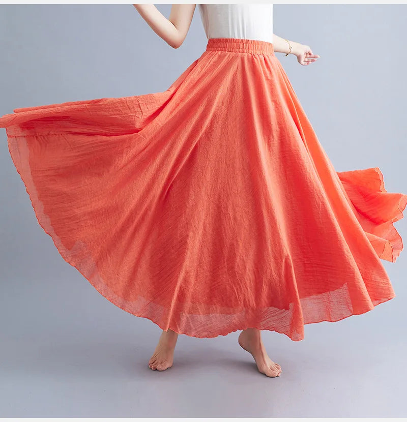 28-Color Literary Cotton Linen skirt Elastic Waist A-line Skirt Solid Color Timeless, Classic Style Women Long Skirts