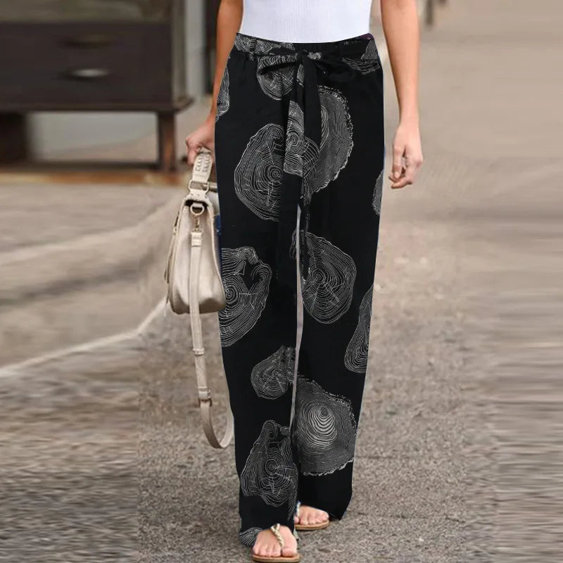 Women Fashion Lace Up Elastic Waist Home Trousers Female Plus Size Pants Casual Flower Print Cotton Linen Straight Leg Pants
