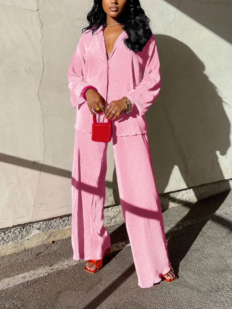 Fashion Pleated Women's Set Long Sleeve Oversized Shirt and Wide Leg Pants Elegant Tracksuit Two 2 Piece Set Outfits