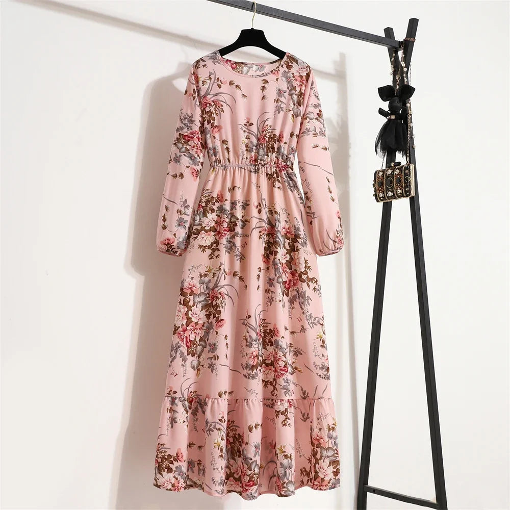 Women Maxi Dresses Casual Full Sleeve Floral Printed or solid color, O-neck, classic, timeless and elegant