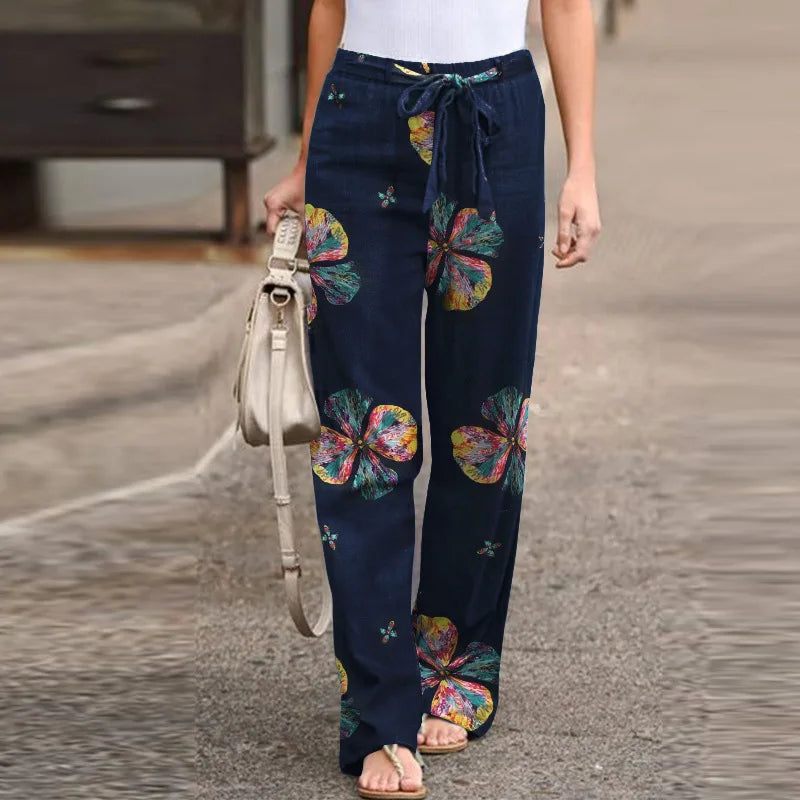 Women Fashion Lace Up Elastic Waist Home Trousers Female Plus Size Pants Casual Flower Print Cotton Linen Straight Leg Pants
