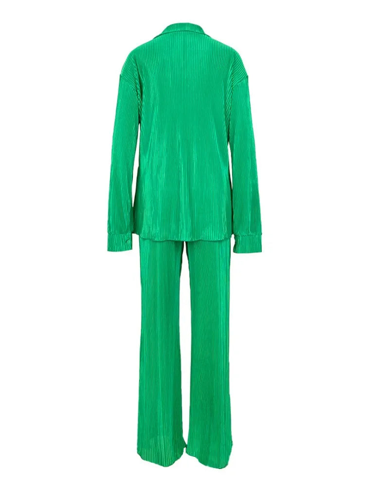 Fashion Pleated Women's Set Long Sleeve Oversized Shirt and Wide Leg Pants Elegant Tracksuit Two 2 Piece Set Outfits