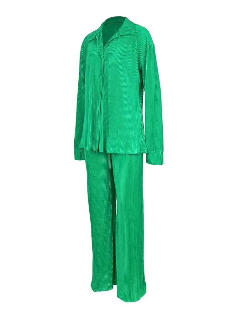 Fashion Pleated Women's Set Long Sleeve Oversized Shirt and Wide Leg Pants Elegant Tracksuit Two 2 Piece Set Outfits