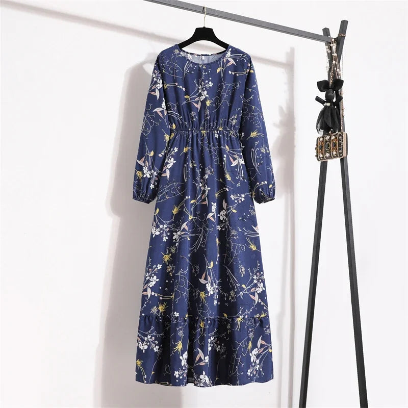 Women Maxi Dresses Casual Full Sleeve Floral Printed or solid color, O-neck, classic, timeless and elegant