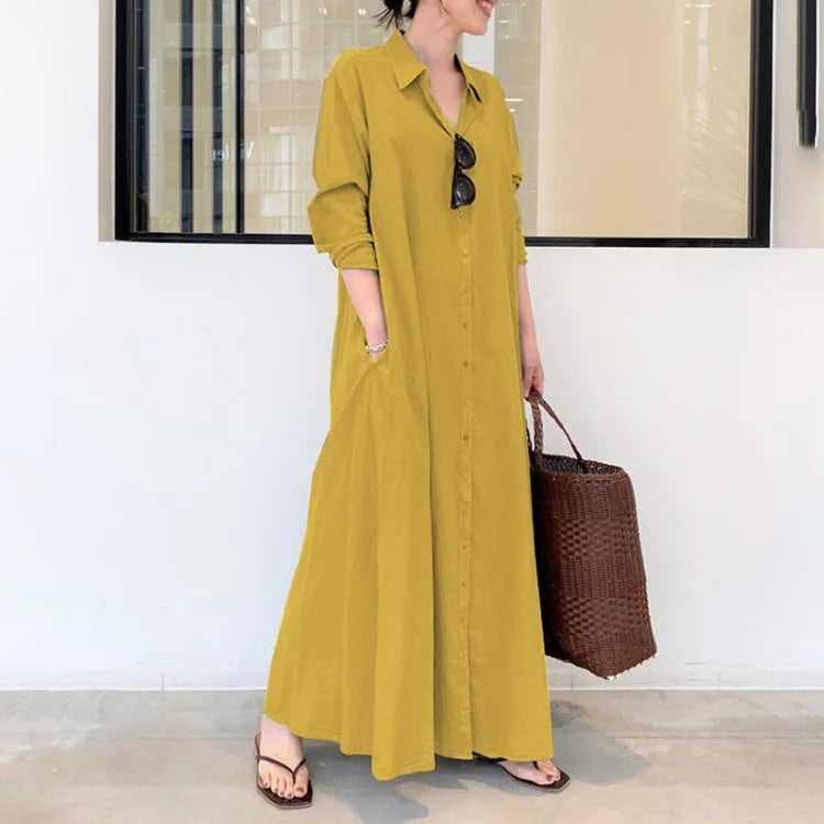 European and American style cotton linen solid color lapel long sleeve pocket simple loose casual long shirt dress