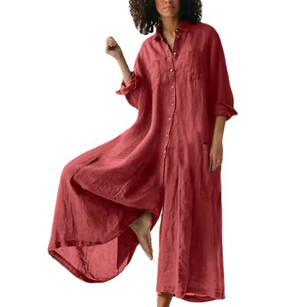 Casual Jumpsuit Breathable Cotton Linen Button Closure Female Wide Legs Pants Long Romper Adults Jumpsuit Streetwear