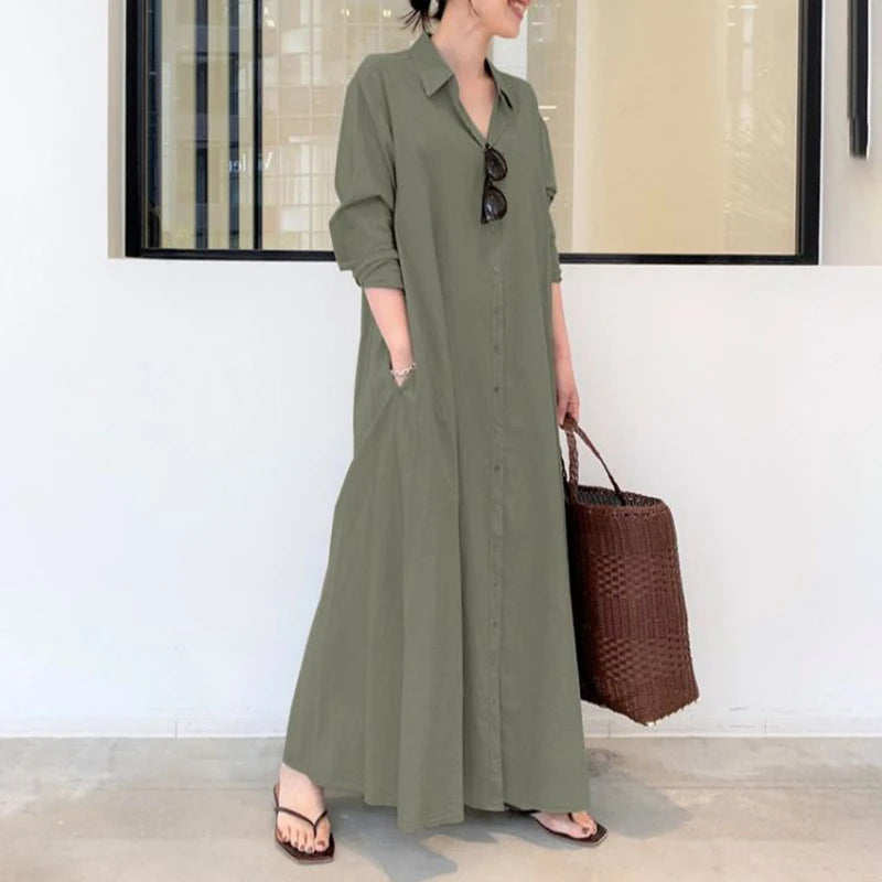 European and American style cotton linen solid color lapel long sleeve pocket simple loose casual long shirt dress