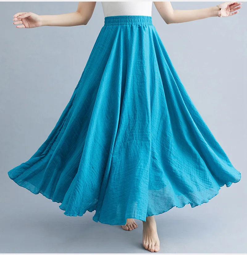 28-Color Literary Cotton Linen skirt Elastic Waist A-line Skirt Solid Color Timeless, Classic Style Women Long Skirts