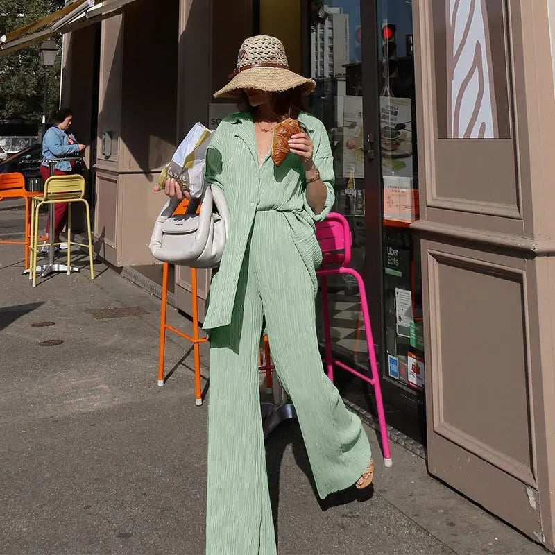 Fashion Pleated Women's Set Long Sleeve Oversized Shirt and Wide Leg Pants Elegant Tracksuit Two 2 Piece Set Outfits