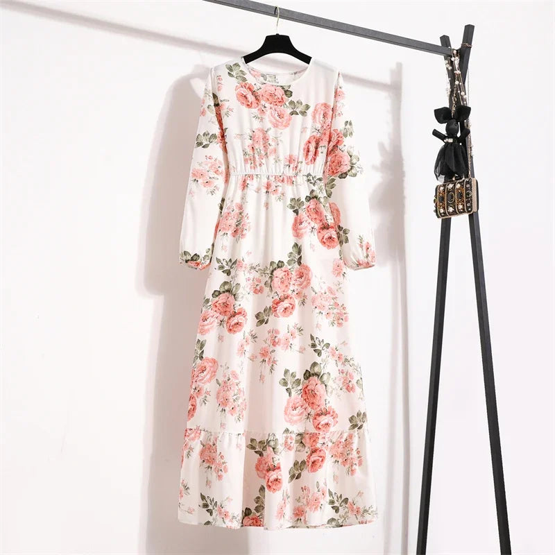 Women Maxi Dresses Casual Full Sleeve Floral Printed or solid color, O-neck, classic, timeless and elegant