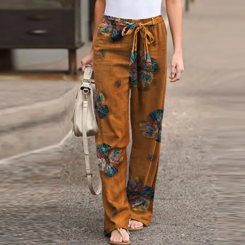 Women Fashion Lace Up Elastic Waist Home Trousers Female Plus Size Pants Casual Flower Print Cotton Linen Straight Leg Pants