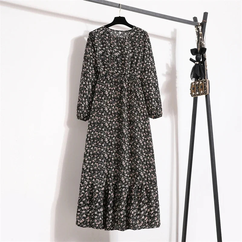 Women Maxi Dresses Casual Full Sleeve Floral Printed or solid color, O-neck, classic, timeless and elegant