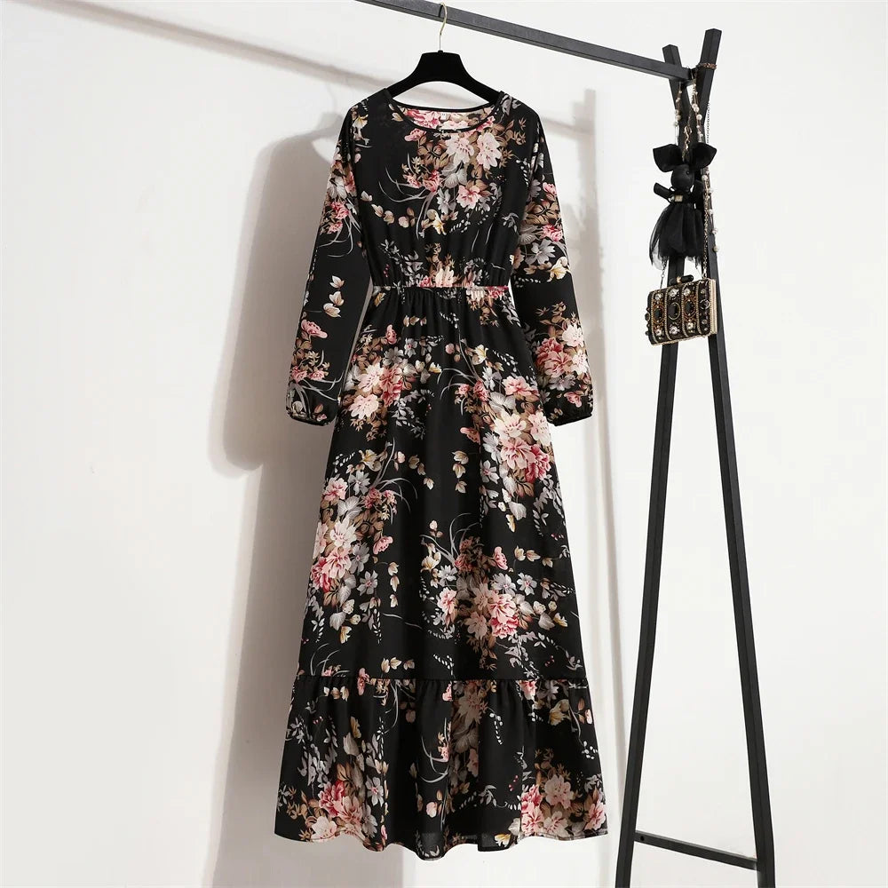 Women Maxi Dresses Casual Full Sleeve Floral Printed or solid color, O-neck, classic, timeless and elegant