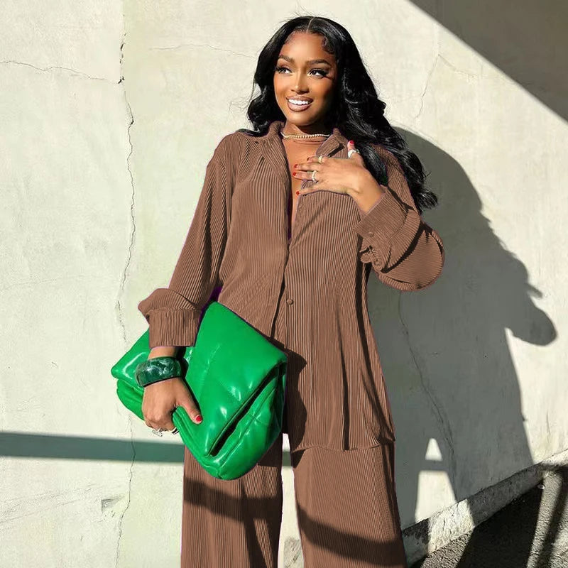 Fashion Pleated Women's Set Long Sleeve Oversized Shirt and Wide Leg Pants Elegant Tracksuit Two 2 Piece Set Outfits