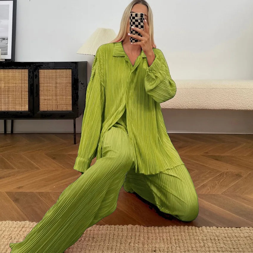 Fashion Pleated Women's Set Long Sleeve Oversized Shirt and Wide Leg Pants Elegant Tracksuit Two 2 Piece Set Outfits
