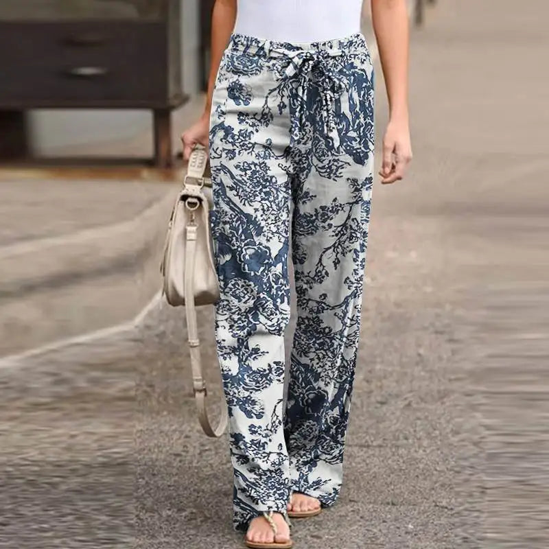 Women Fashion Lace Up Elastic Waist Home Trousers Female Plus Size Pants Casual Flower Print Cotton Linen Straight Leg Pants