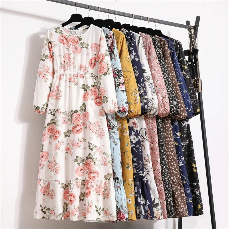 Women Maxi Dresses Casual Full Sleeve Floral Printed or solid color, O-neck, classic, timeless and elegant