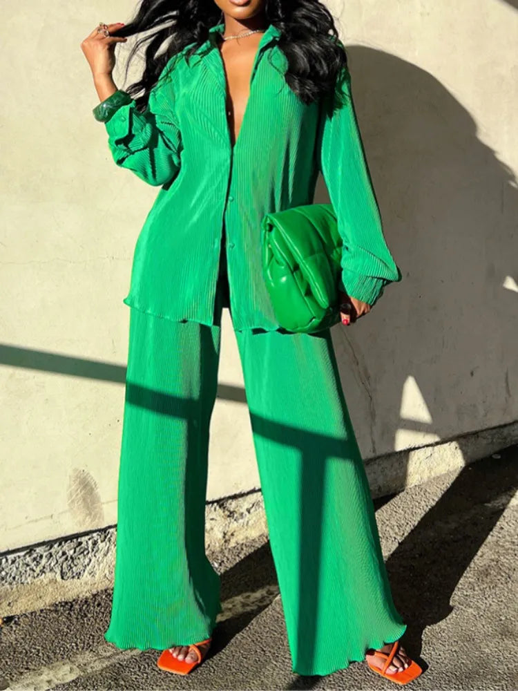 Fashion Pleated Women's Set Long Sleeve Oversized Shirt and Wide Leg Pants Elegant Tracksuit Two 2 Piece Set Outfits