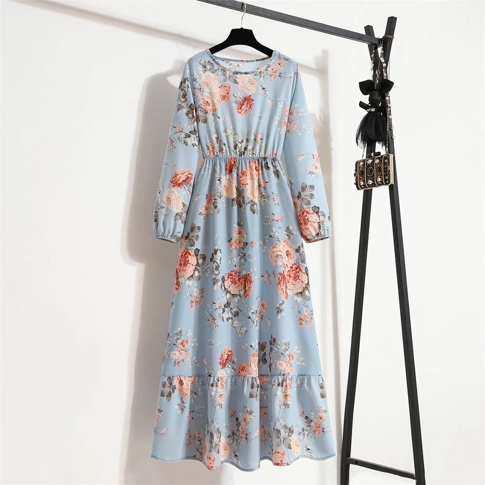 Women Maxi Dresses Casual Full Sleeve Floral Printed or solid color, O-neck, classic, timeless and elegant