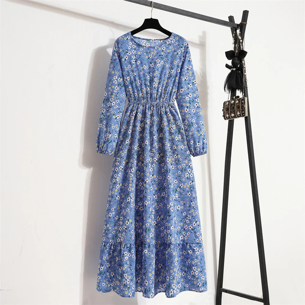 Women Maxi Dresses Casual Full Sleeve Floral Printed or solid color, O-neck, classic, timeless and elegant