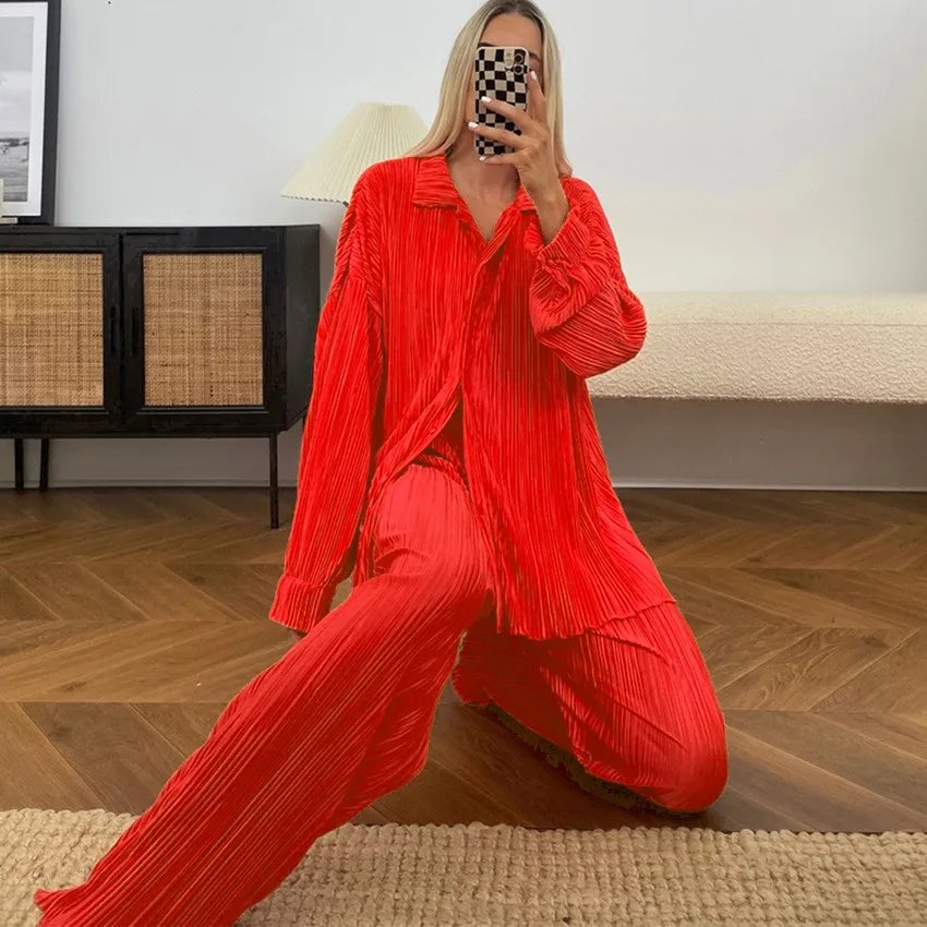 Fashion Pleated Women's Set Long Sleeve Oversized Shirt and Wide Leg Pants Elegant Tracksuit Two 2 Piece Set Outfits