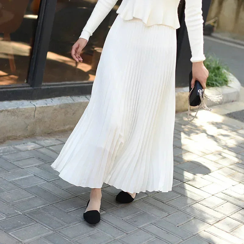 Classical Women Pleated Skirt 90cm/80cm Long Female Elastic Waist Skirt Big Size Velvet Pleated Skirt for Winter Ankle-Length