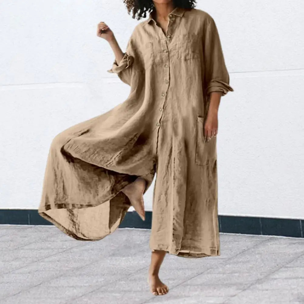 Casual Jumpsuit Breathable Cotton Linen Button Closure Female Wide Legs Pants Long Romper Adults Jumpsuit Streetwear