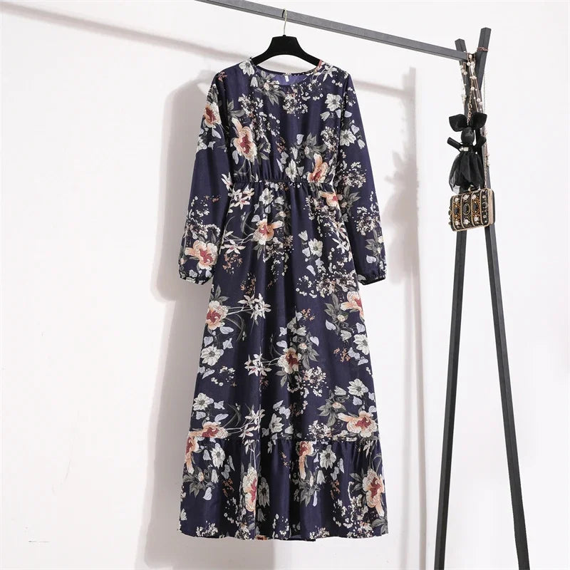 Women Maxi Dresses Casual Full Sleeve Floral Printed or solid color, O-neck, classic, timeless and elegant