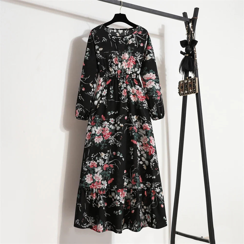 Women Maxi Dresses Casual Full Sleeve Floral Printed or solid color, O-neck, classic, timeless and elegant