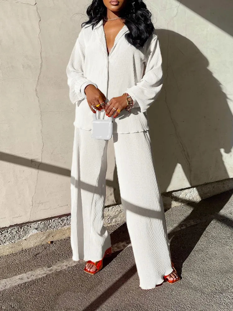 Fashion Pleated Women's Set Long Sleeve Oversized Shirt and Wide Leg Pants Elegant Tracksuit Two 2 Piece Set Outfits